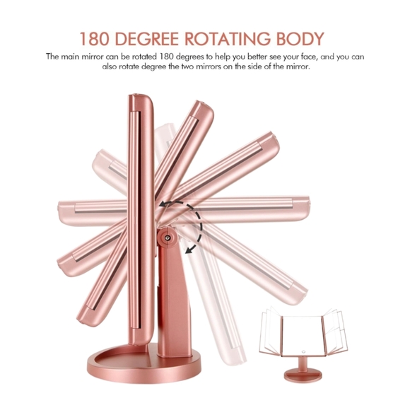 Rose Gold Tri-Fold LED Touch Screen Rotating Magnifying 3x/2x Vanity Mirror - Picture 2 of 7